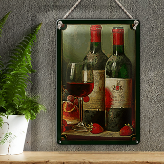 Blechschild Kunst 20x30cm Stillleben Rotwein Erdbeeren Obst