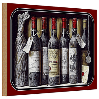 Holzschild Kunst 30x20cm Stillleben alte Rotweinflaschen