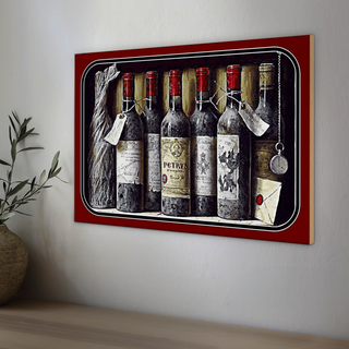 Holzschild Kunst 30x20cm Stillleben alte Rotweinflaschen