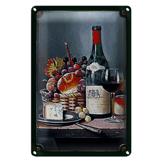 Blechschild Kunst 20x30cm Stillleben Rotwein Käse Obst