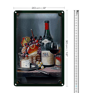 Blechschild Kunst 20x30cm Stillleben Rotwein Käse Obst