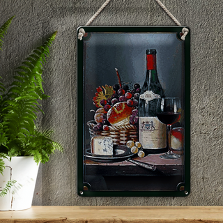 Blechschild Kunst 20x30cm Stillleben Rotwein Käse Obst
