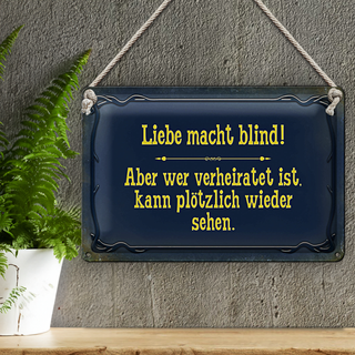 Blechschild Spruch 30x20cm Liebe macht blind aber wer