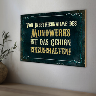 Holzschild Spruch 30x20cm vor Inbetriebnahme des Mundwerks