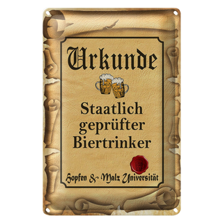 Blechschild Bier 20x30cm Urkunde geprüfter Biertrinker