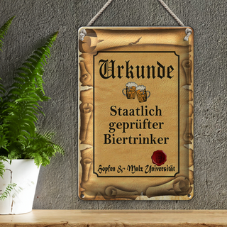 Blechschild Bier 20x30cm Urkunde geprüfter Biertrinker