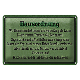 Blechschild Spruch 30x20cm Hausordnung wir lieben einander