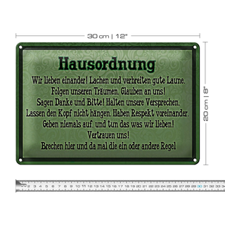 Blechschild Spruch 30x20cm Hausordnung wir lieben einander