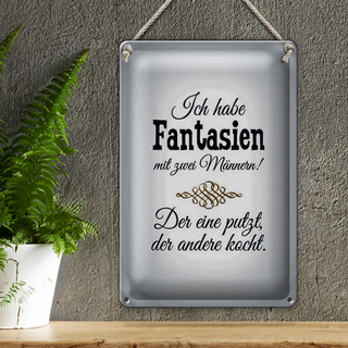 Blechschild Spruch 20x30cm Fantasien zwei Männer 1 putzt