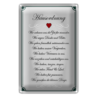 Blechschild Spruch 20x30cm Hausordnung wir Zeit füreinander