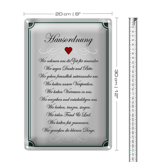 Blechschild Spruch 20x30cm Hausordnung wir Zeit füreinander