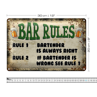 Blechschild Spruch 30x20cm Bier Bar Rules Bartender always