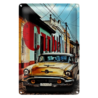 Blechschild Spruch 20x30cm Kuba altes gelbes Auto Oldtimer in Gasse bunt