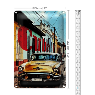 Blechschild Spruch 20x30cm Kuba altes gelbes Auto Oldtimer in Gasse bunt