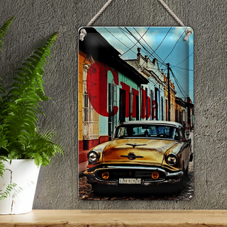 Blechschild Spruch 20x30cm Kuba altes gelbes Auto Oldtimer in Gasse bunt