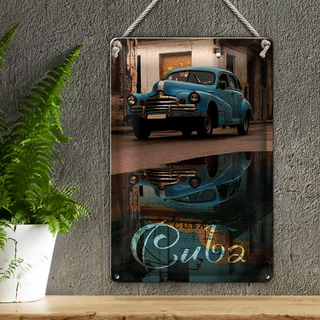 Blechschild Spruch 20x30cm Kuba Auto blau Oldtimer Spiegelung
