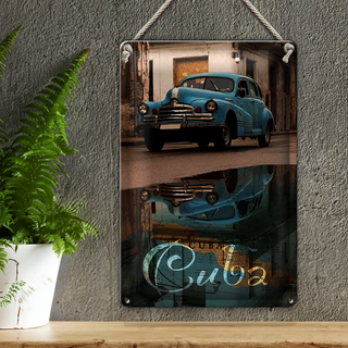 Blechschild Spruch 20x30cm Kuba Auto blau Oldtimer Spiegelung