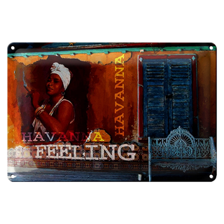 Blechschild Spruch 30x20cm Havanna Feeling Frau mit Zigarre