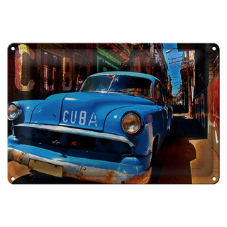 Blechschild 30x20cm Kuba Auto in einer Gasse von Havanna blauer Oldtimer