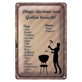 Blechschild Spruch 20x30cm Dinge die zum Grillen braucht
