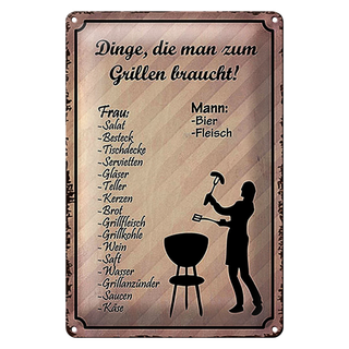 Blechschild Spruch 20x30cm Dinge die zum Grillen braucht