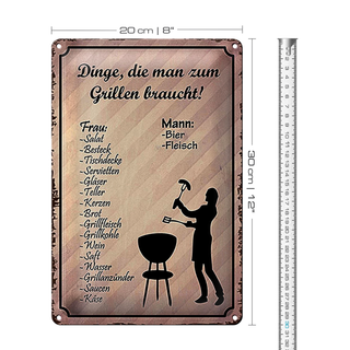 Blechschild Spruch 20x30cm Dinge die zum Grillen braucht