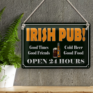 Blechschild Spruch 30x20cm Irish Pub gold Beer open 24