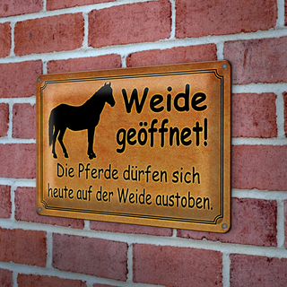Blechschild Spruch 30x20cm Weide geöffnet Pferde dürfen