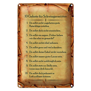 Blechschild Spruch 20x30cm 10 Gebote für Schwiegermütter