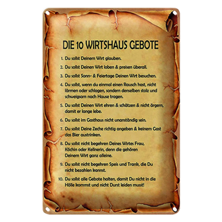 Blechschild Spruch 20x30cm die 10 Wirtshaus Gebote