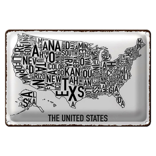 Blechschild Karte 30x20cm The United States Texas Kansas