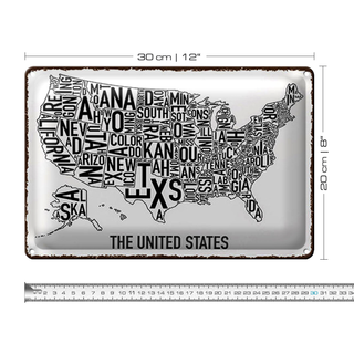 Blechschild Karte 30x20cm The United States Texas Kansas