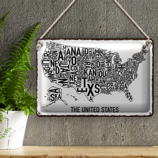 Blechschild Karte 30x20cm The United States Texas Kansas