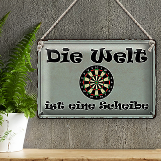 Blechschild Spruch 30x20cm Darts die Welt ist eine Scheibe