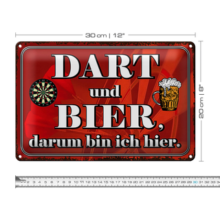 Blechschild Spruch 30x20cm Dart und Bier darum bin ich hier