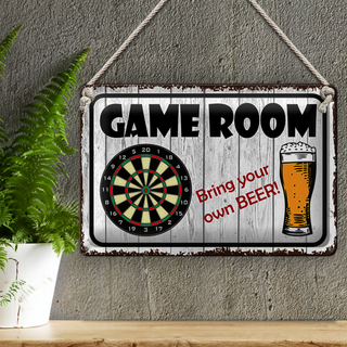 Blechschild Spruch 30x20cm Dart game room bring your Beer