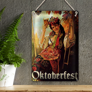 Blechschild Pin Up 20x30cm Oktoberfest Frau mit Bier