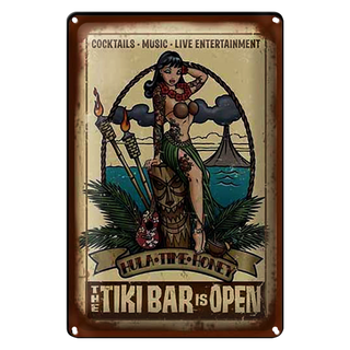 Blechschild Pin Up 20x30cm TIKI Bar is Open Cocktail Music