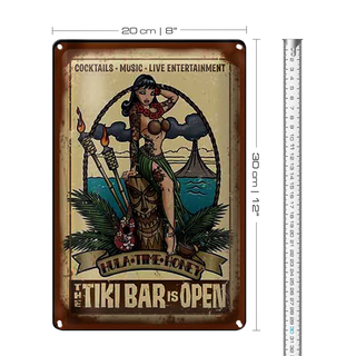 Blechschild Pin Up 20x30cm TIKI Bar is Open Cocktail Music