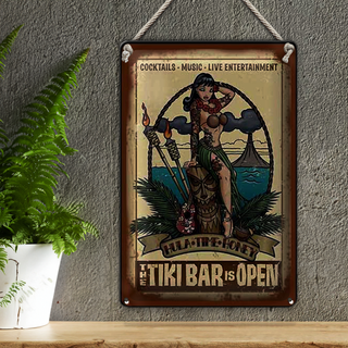 Blechschild Pin Up 20x30cm TIKI Bar is Open Cocktail Music
