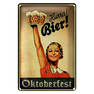 Blechschild Spruch 20x30cm Oktoberfest Hurra Frau mit Bier