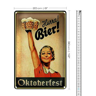 Blechschild Spruch 20x30cm Oktoberfest Hurra Frau mit Bier