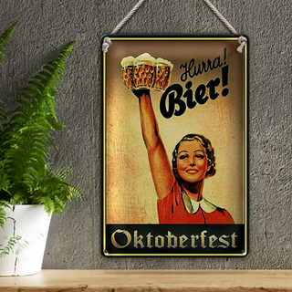 Blechschild Spruch 20x30cm Oktoberfest Hurra Frau mit Bier