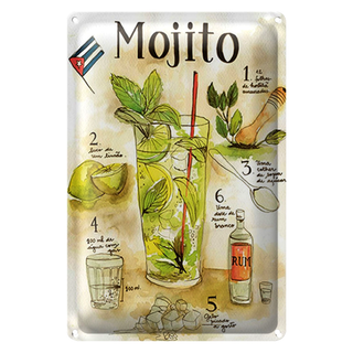 Blechschild Rezept 20x30cm Mojito Rum suco de limão Agua