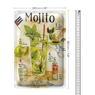 Blechschild Rezept 20x30cm Mojito Rum suco de limão Agua
