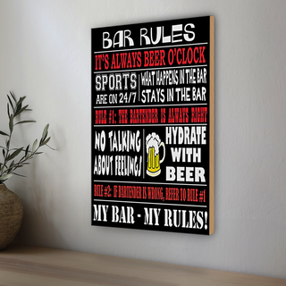 Holzschild Spruch 20x30cm Bar rules Bier my bar my rules