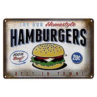Blechschild Spruch 30x20cm Hamburger best in town 100% Beef