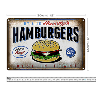 Blechschild Spruch 30x20cm Hamburger best in town 100% Beef