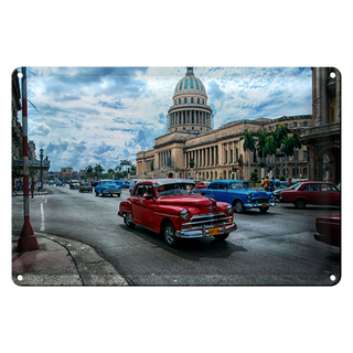 Blechschild 30x20cm Oldtimer in der Stadt Havanna Kuba rot blau