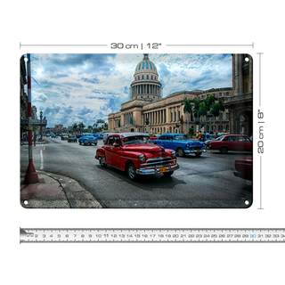 Blechschild 30x20cm Oldtimer in der Stadt Havanna Kuba rot blau
